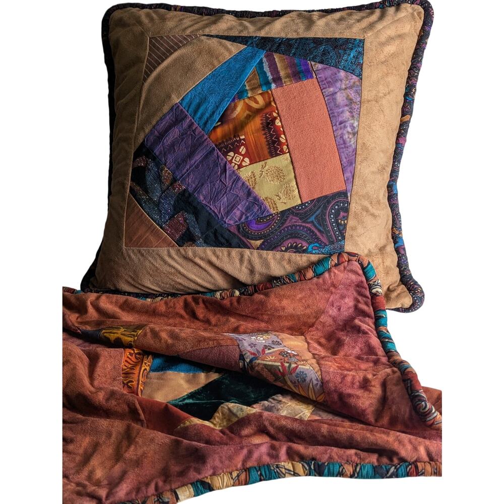 Vintage 90s Handmade Crazy Quilt Pillow Cover 18" Boho Eclectic Zipperes